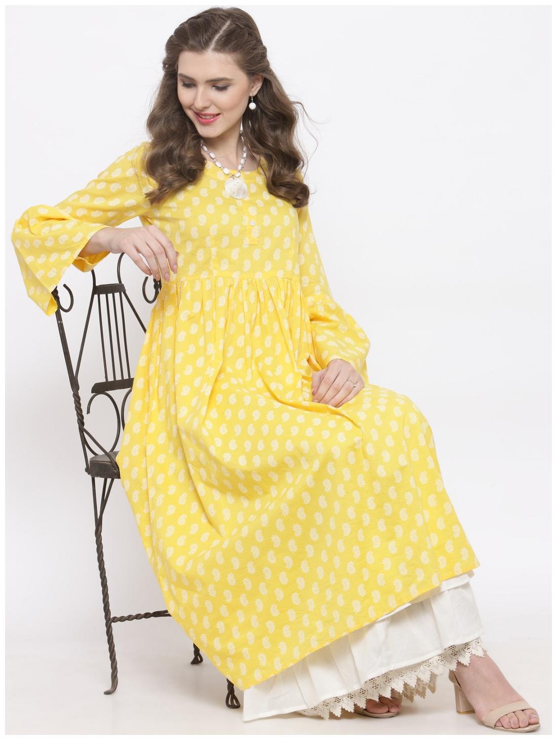 

Sera Women Yellow Printed Anarkali Kurta With Skirt