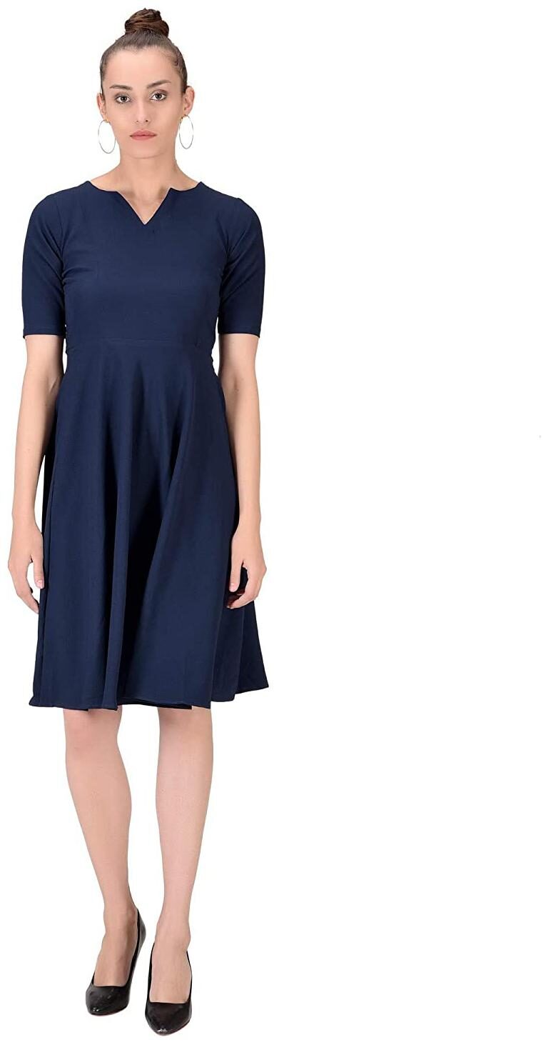 

Serein Crepe Solid Navy Blue Fit Flare Dress Women