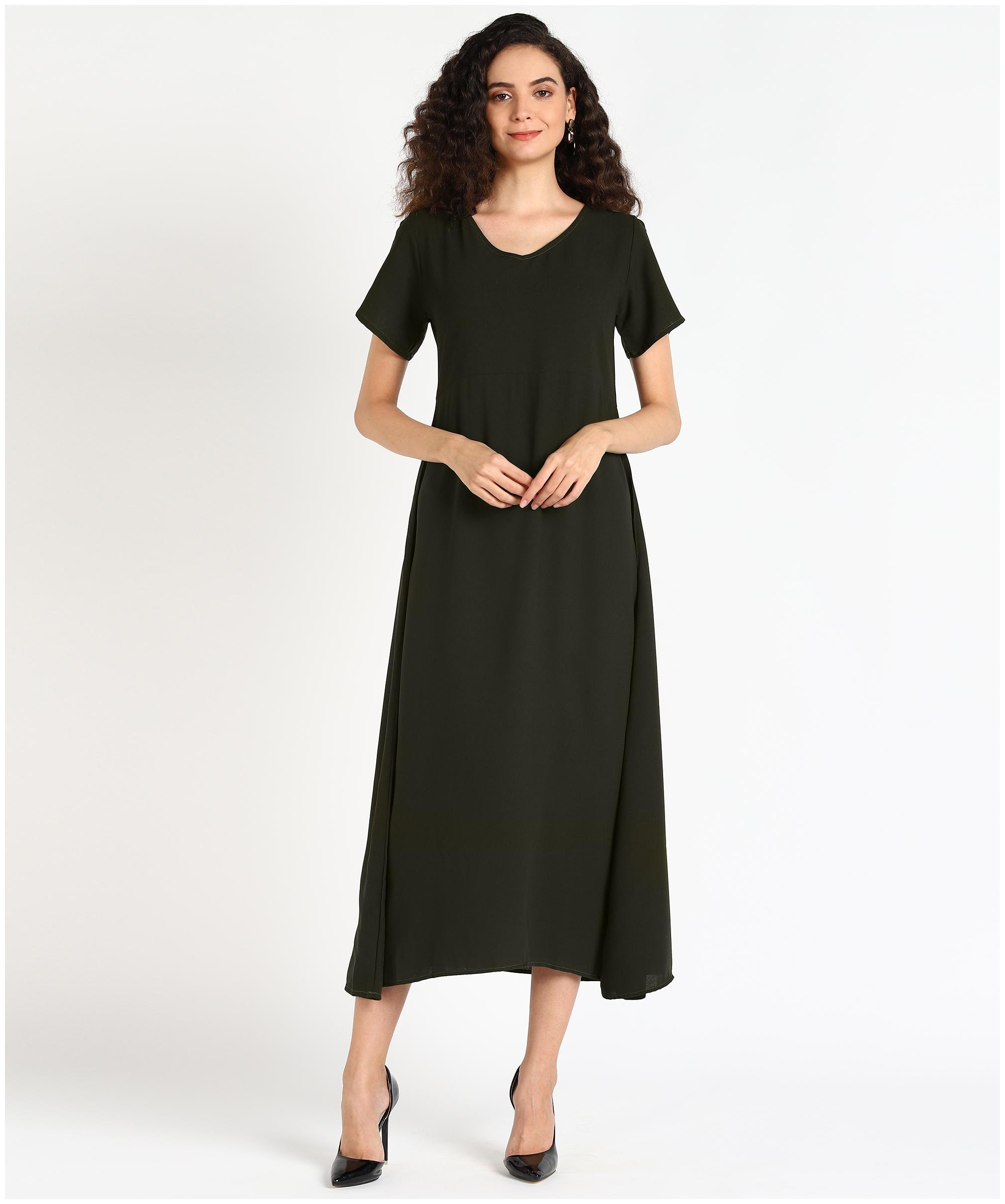 

Serein Crepe Solid Dark Green A Line Dress Women
