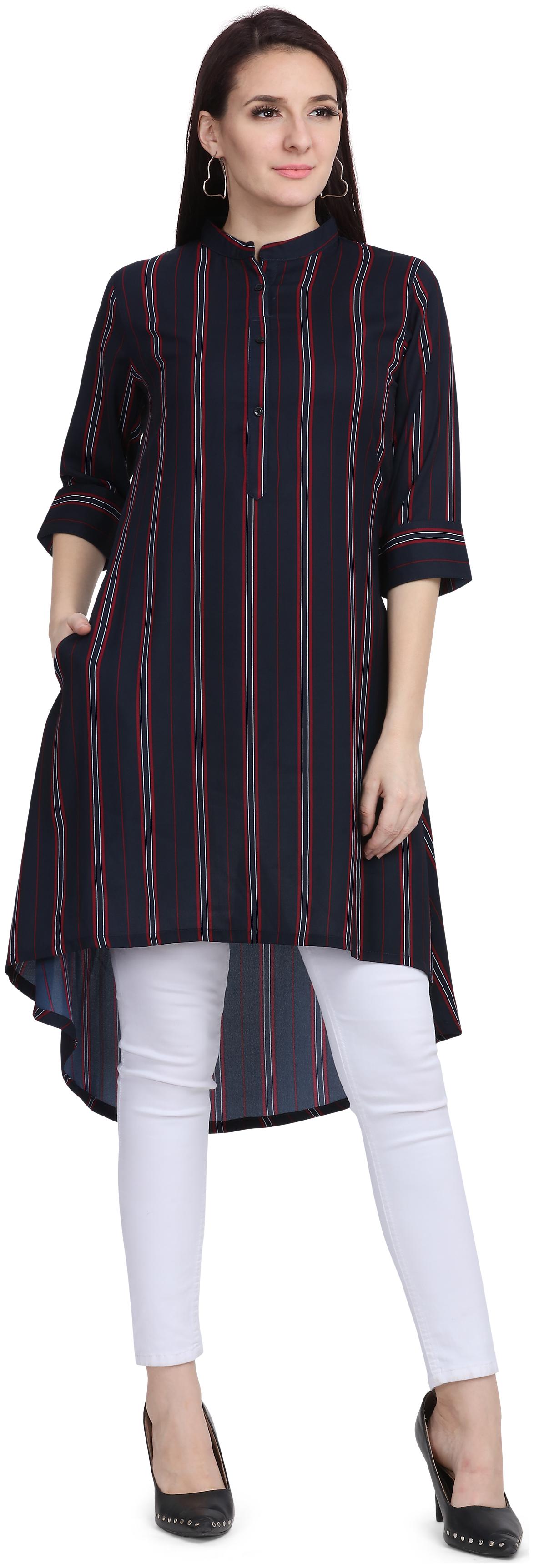 

Serein Women Navy Blue Striped Assymetrical Kurti