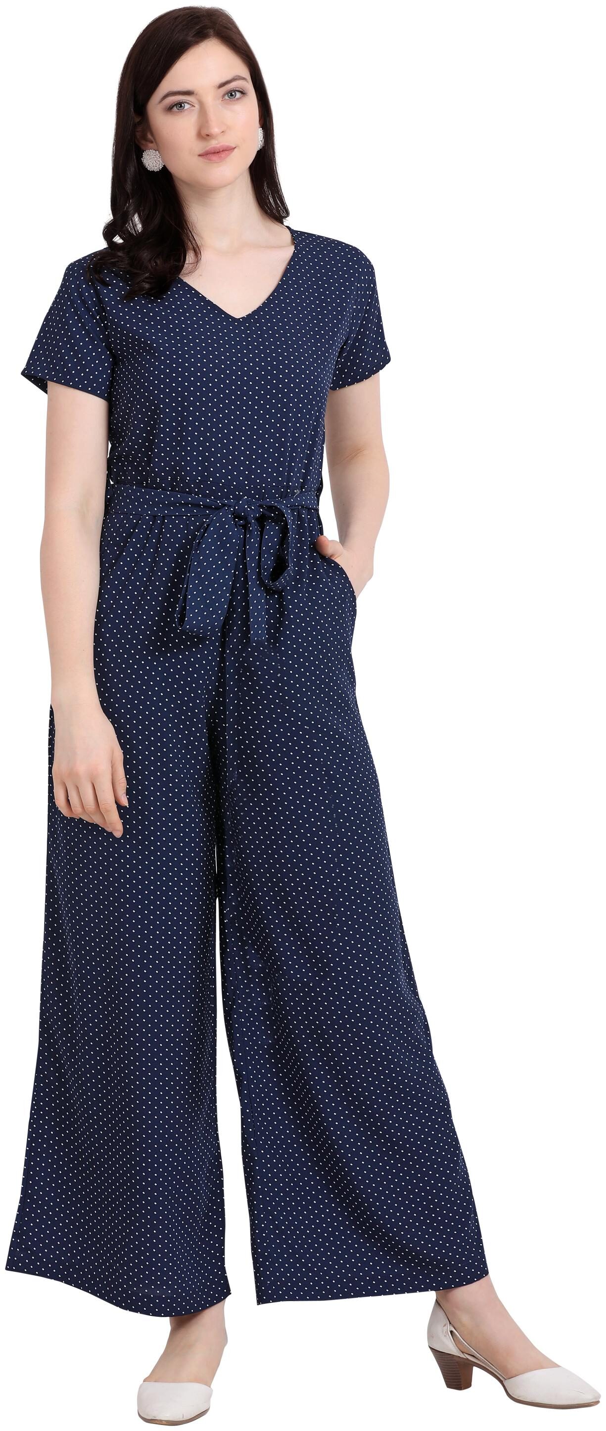 

Serein Women Navy Blue Crepe Polka Dots Jumpsuit