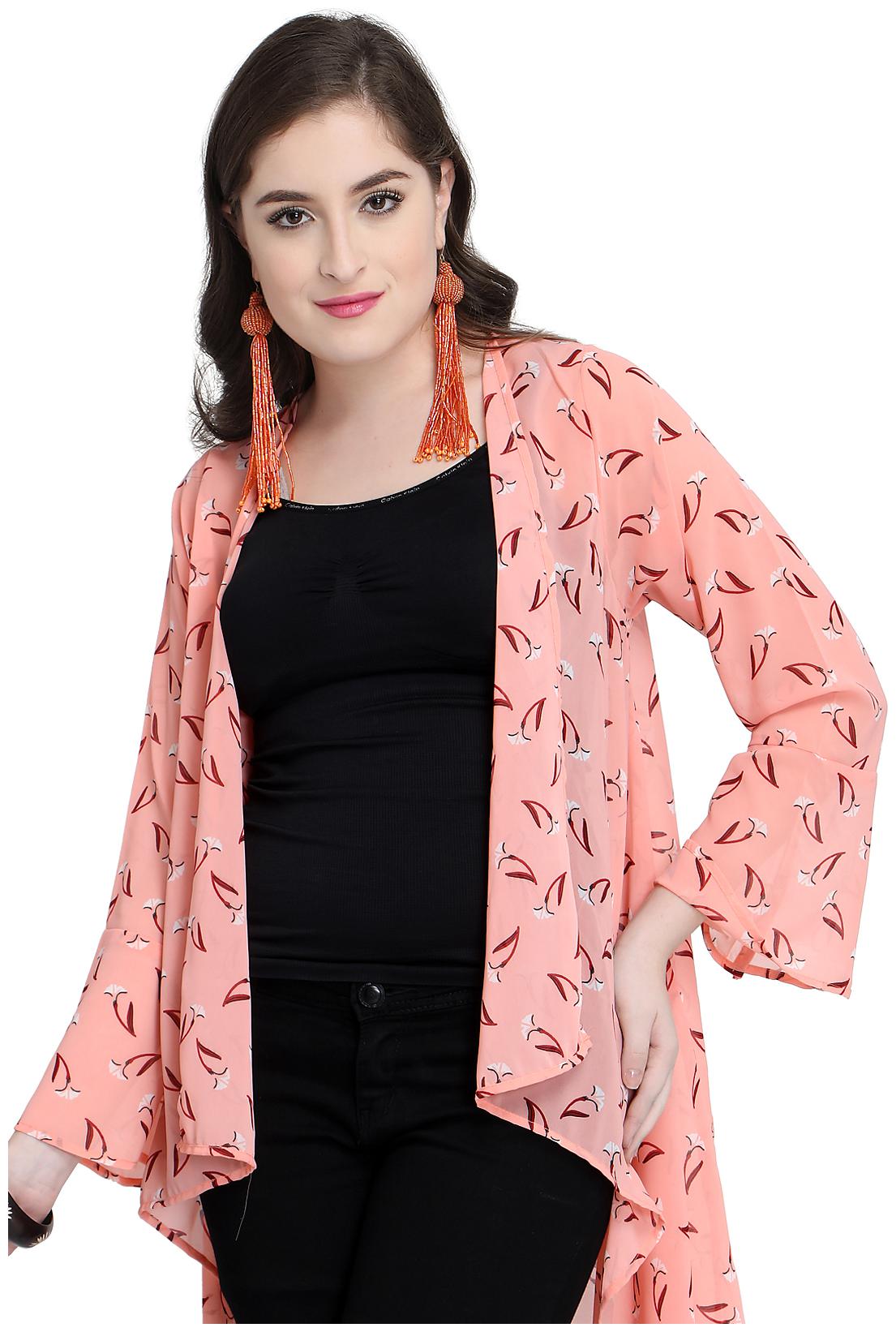 

Serein Women Pink Floral Print Georgette Long Sleeve Long Shrug Jacket XXL