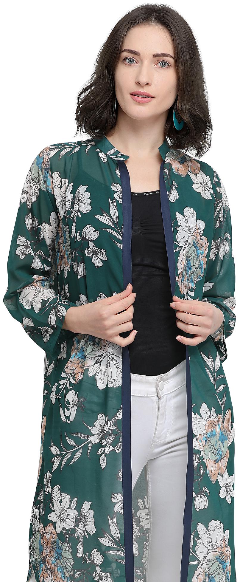 

Serein Women Green Floral Georgette Shrug Long Jacket with 3 4th Sleeves(XX-Large)