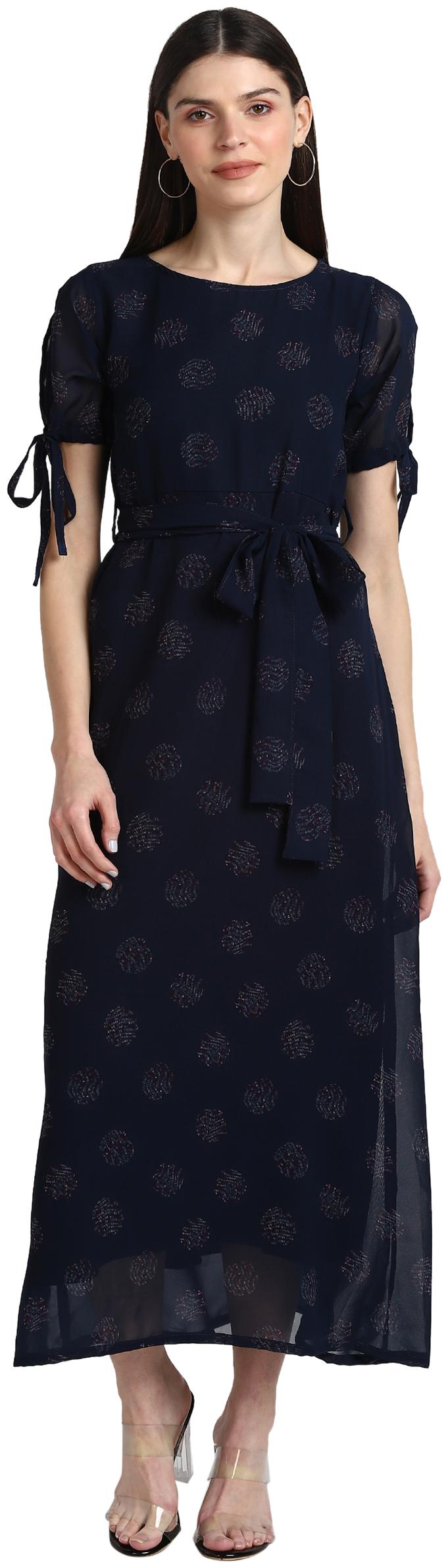 

Serein Women Georgette Printed Navy Blue A Line Dress
