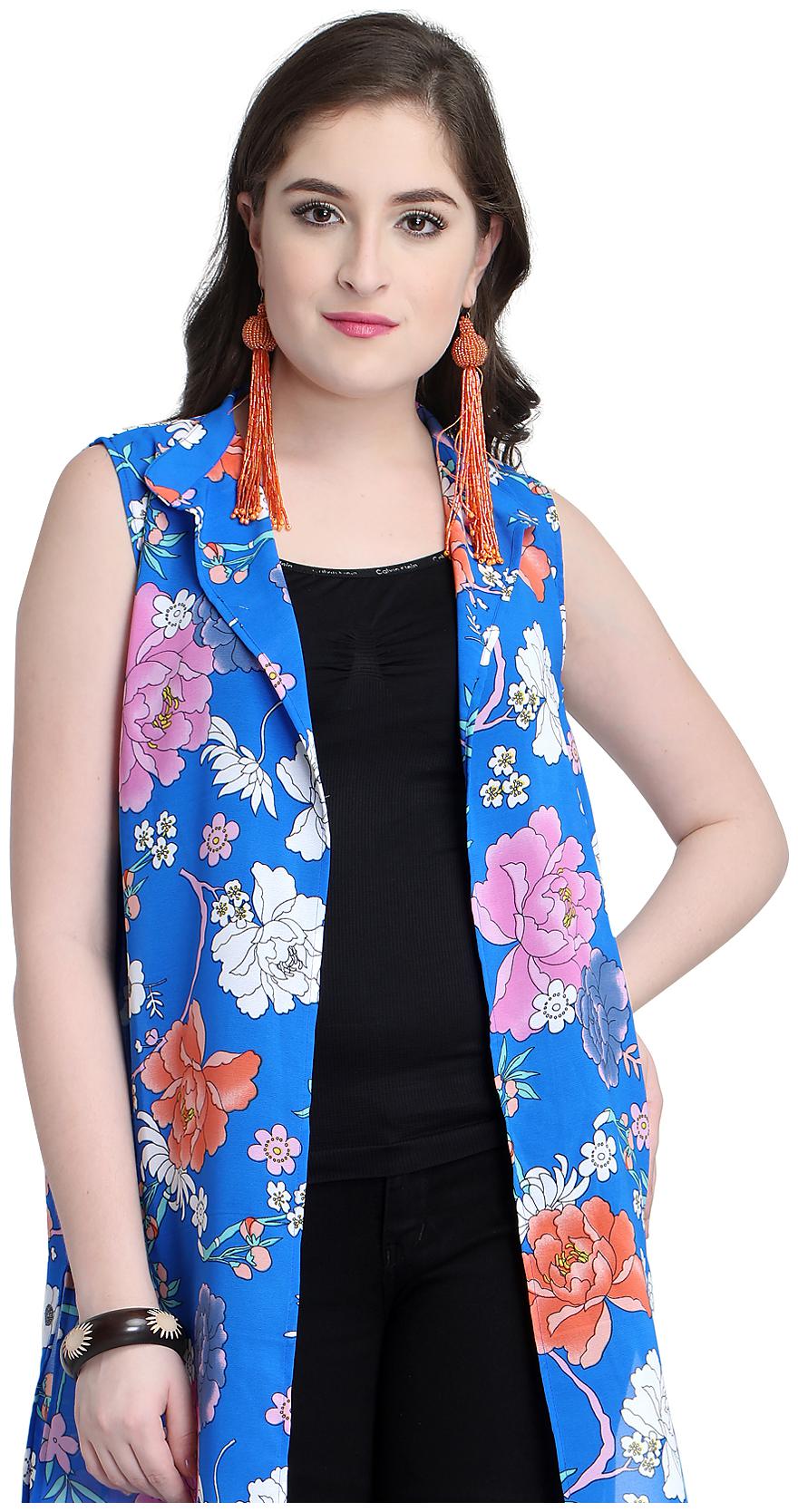 

Serein Women Blue Floral Print Georgette Sleeveless Long Shrug Jacket XL