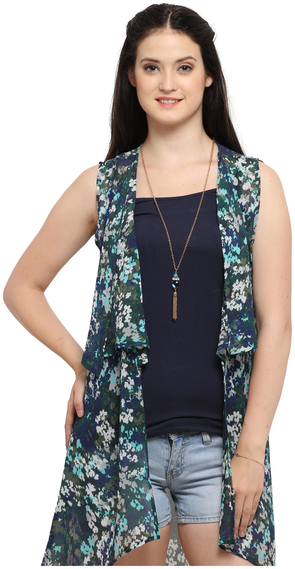 

Serein Women Blue Green Floral Chiffon Long Shrug Long Jacket (Small)