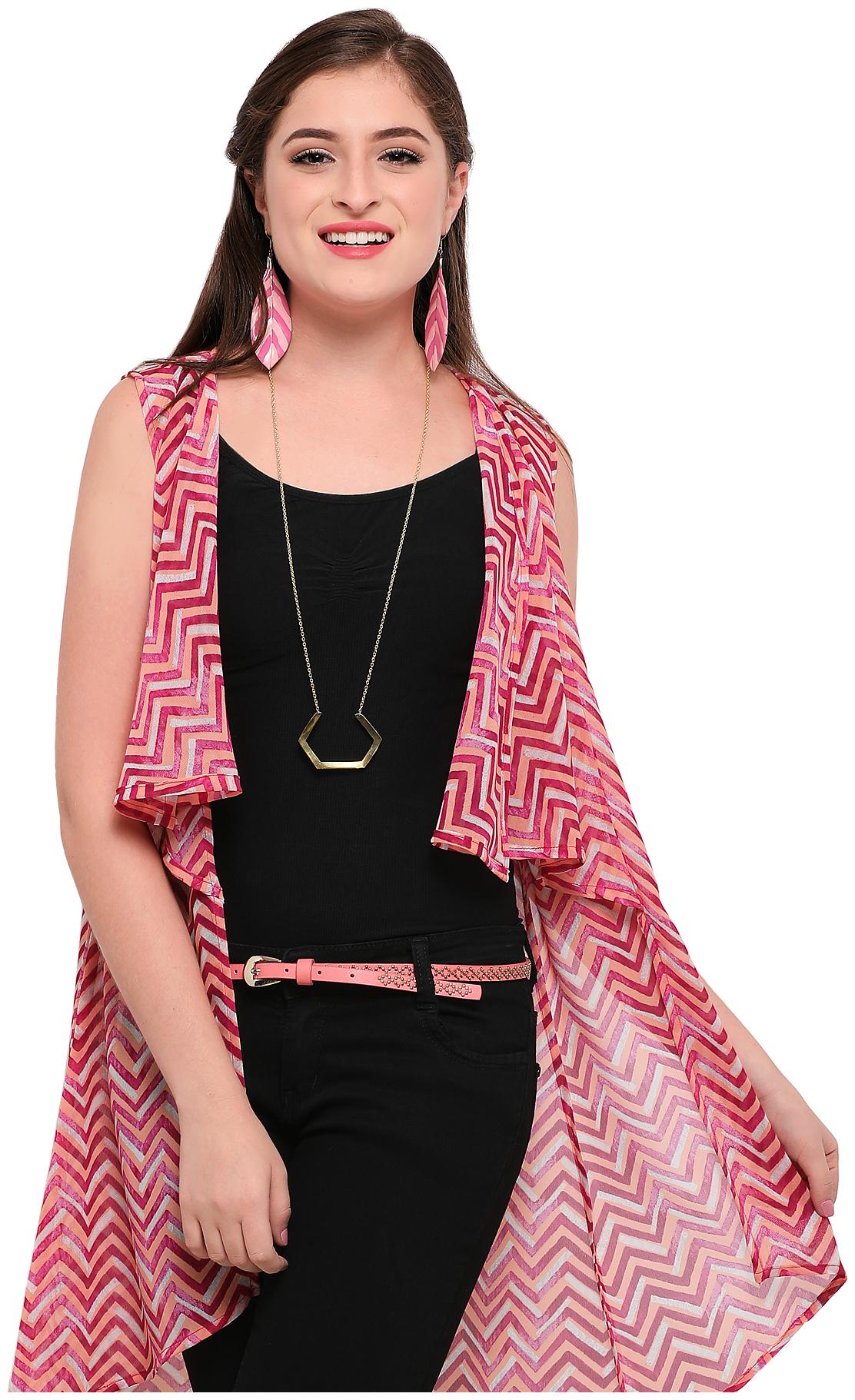 

Serein Women Pink Multicolour Georgette Sleeveless Shrug Long Jacket Summer Jacket (Small)-