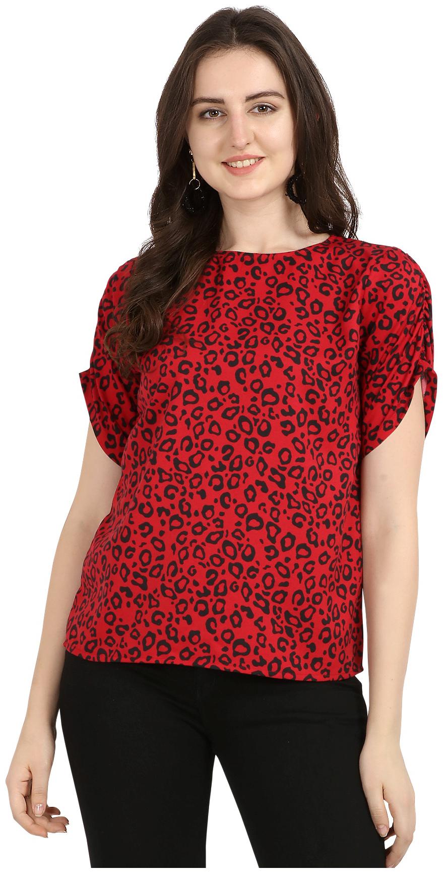 

Serein Women Red Crepe Animal Print Regular Top