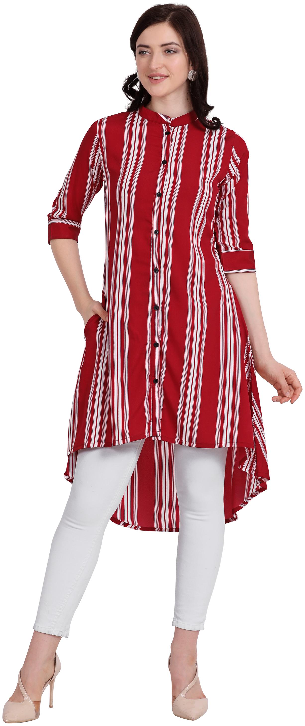 

Serein Women s Red Crepe Striped Kurti