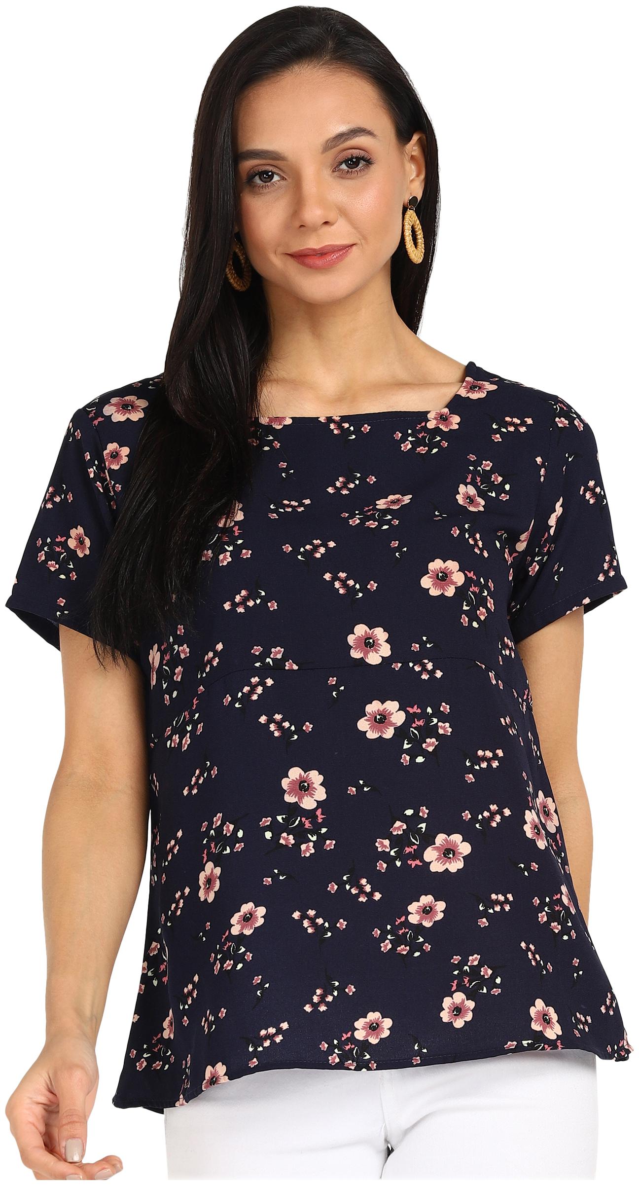 

Serein Women Crepe Floral Casual Regular Top (Navy Blue)