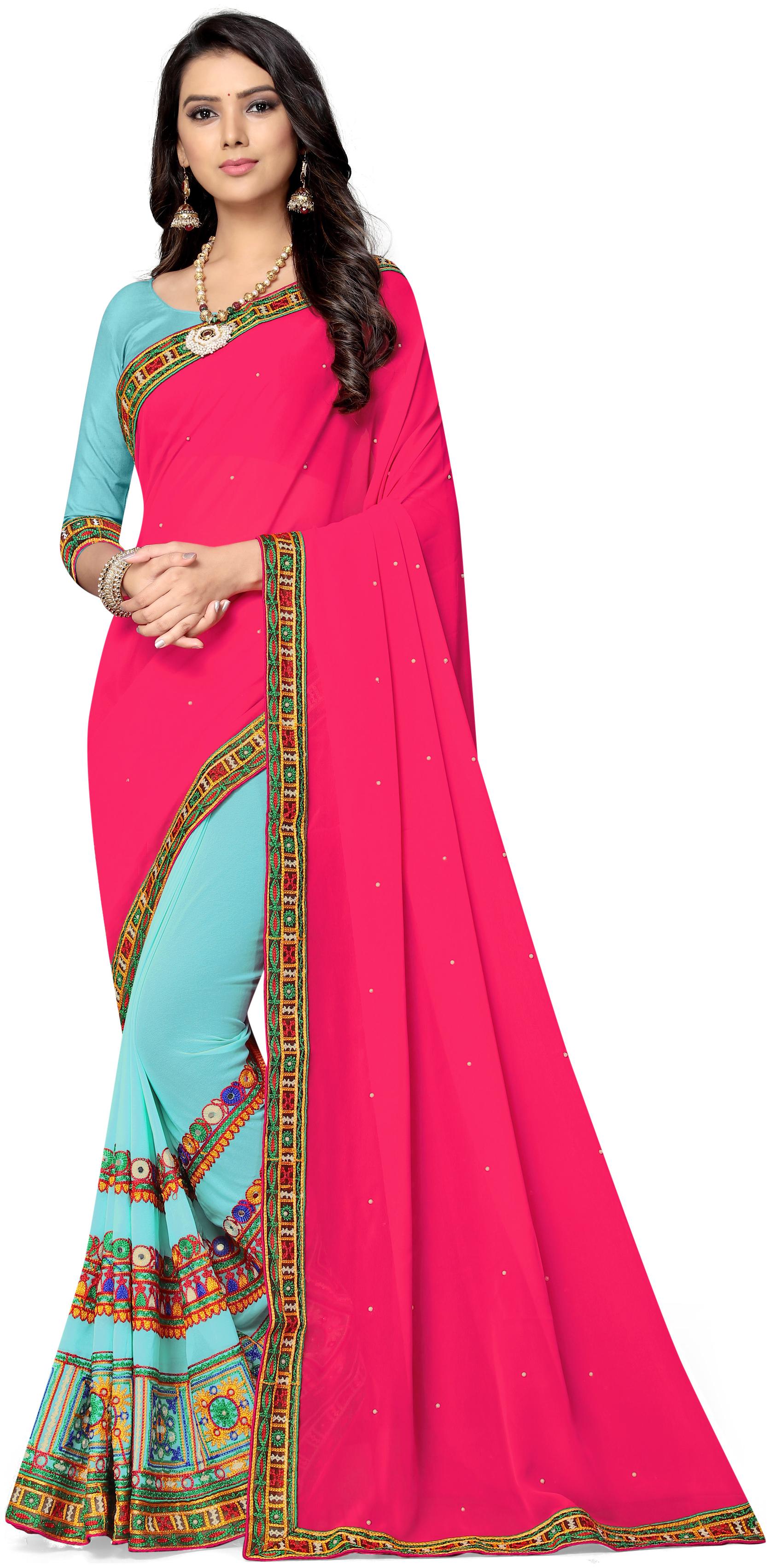 

SERONA FABRICS Georgette Pink Embroidered Saree For Women
