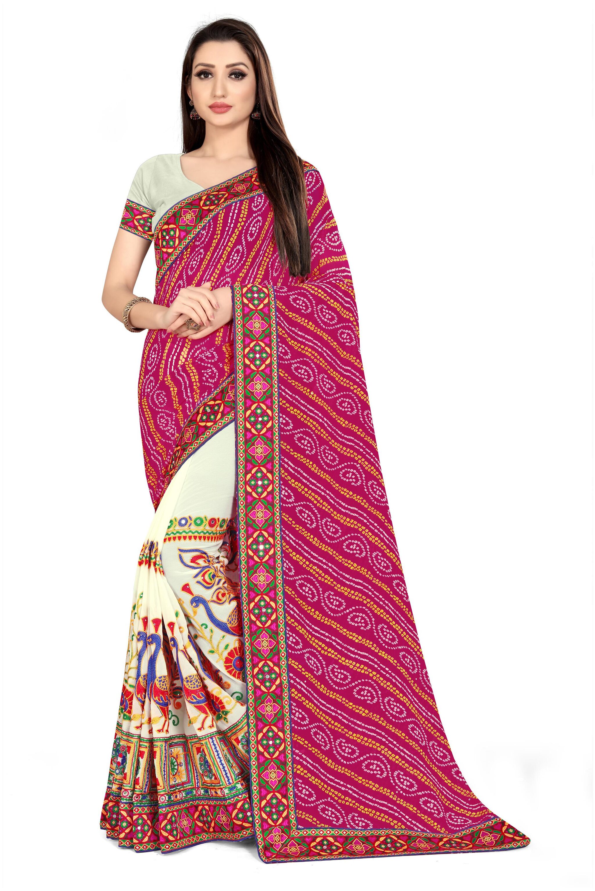 

Serona Fabrics Women Pink Georgette Embroidered Saree