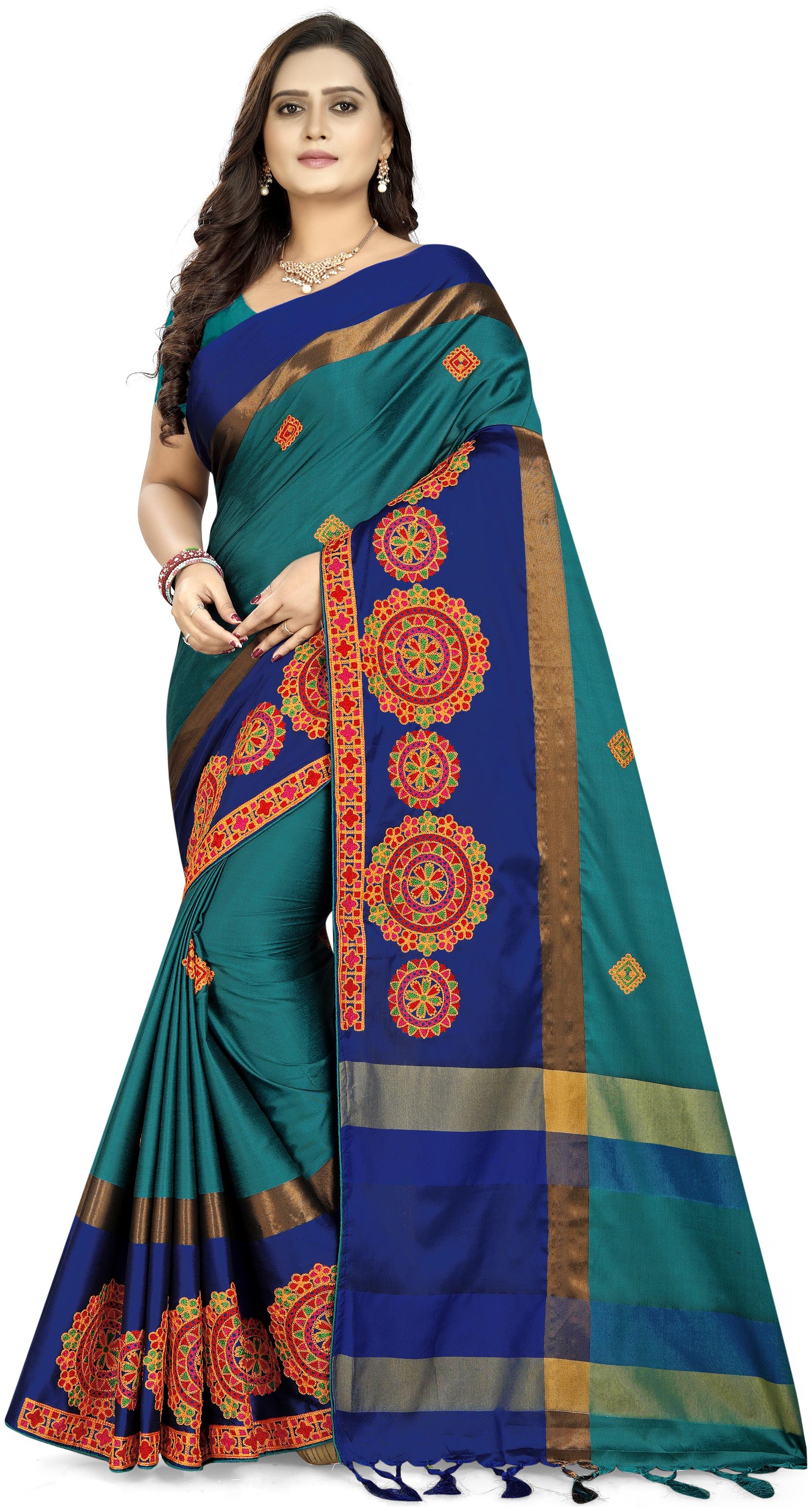 

Serona Fabrics Cotton Embroidered Blue Designer Saree Women