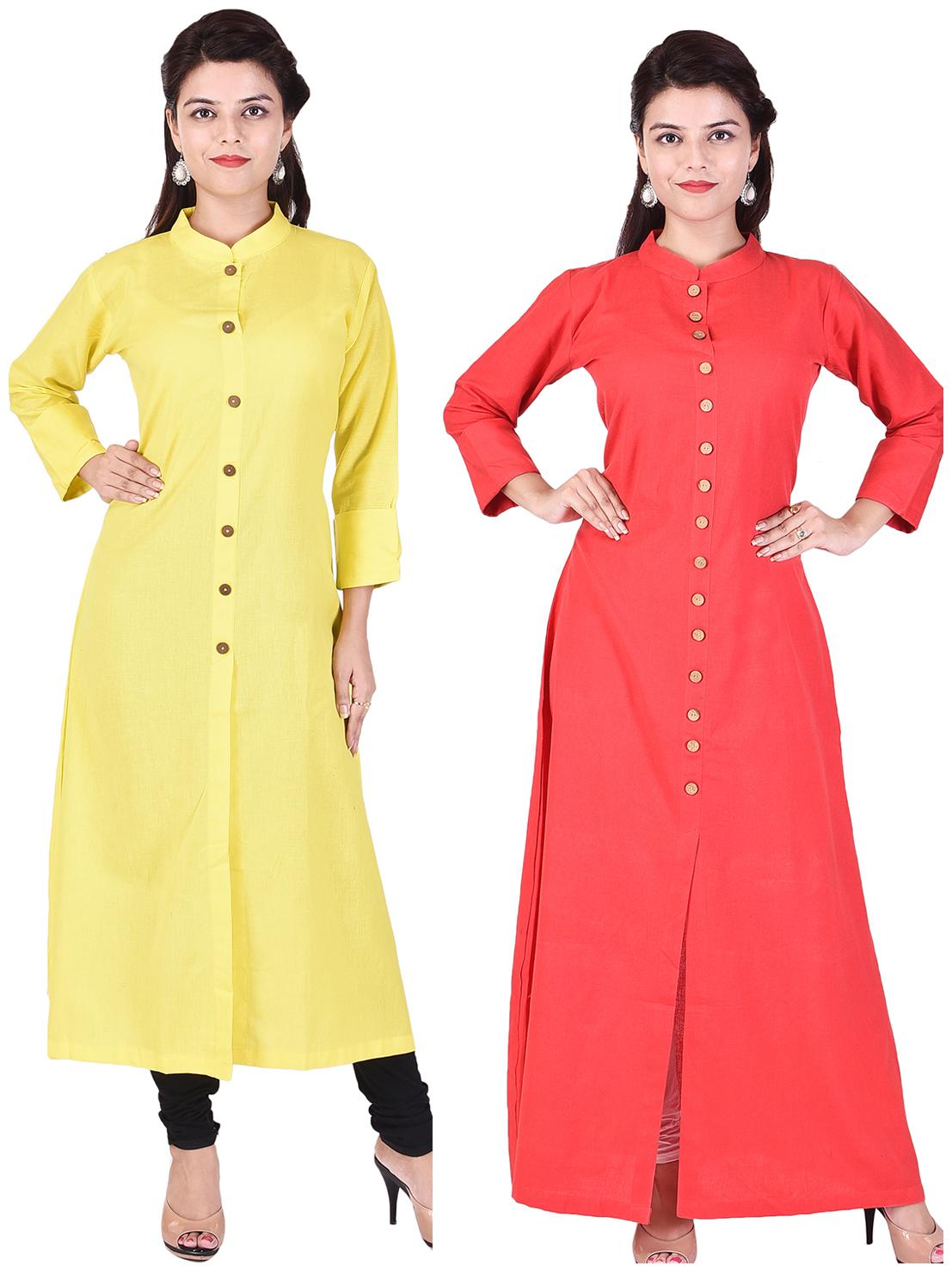 

set of 2 multi colored cotton a-line kurta combo