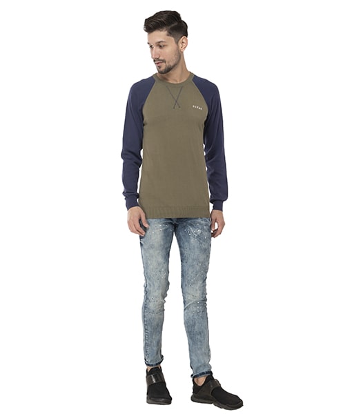 

Seven Cotton Colorblocked Olive Blue Color Pullover For Men
