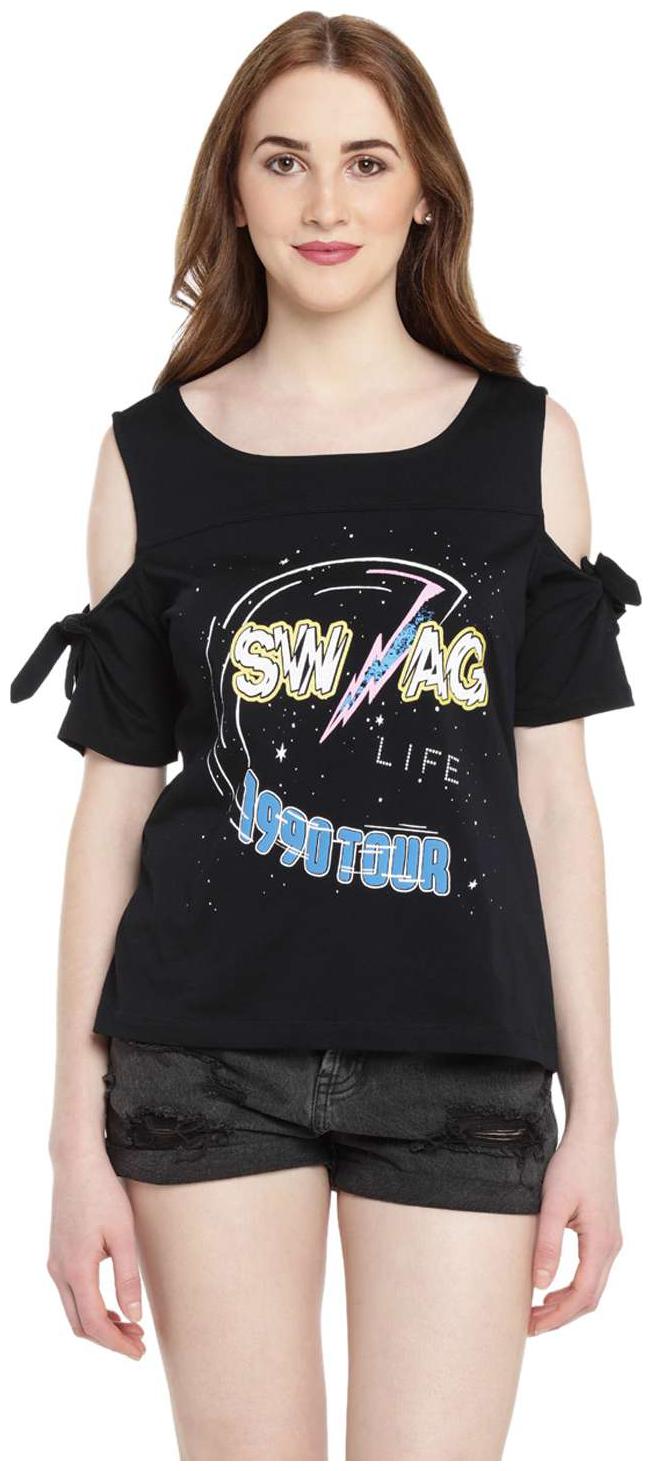 

SF Jeans By Pantaloons Women Black Regular fit Round neck Cotton T shirt