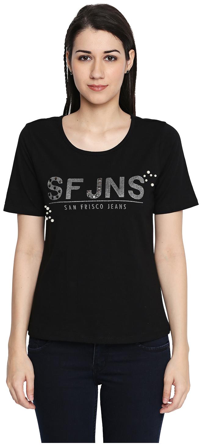 

SF Jeans By Pantaloons Women Black Regular fit Round neck Cotton T shirt
