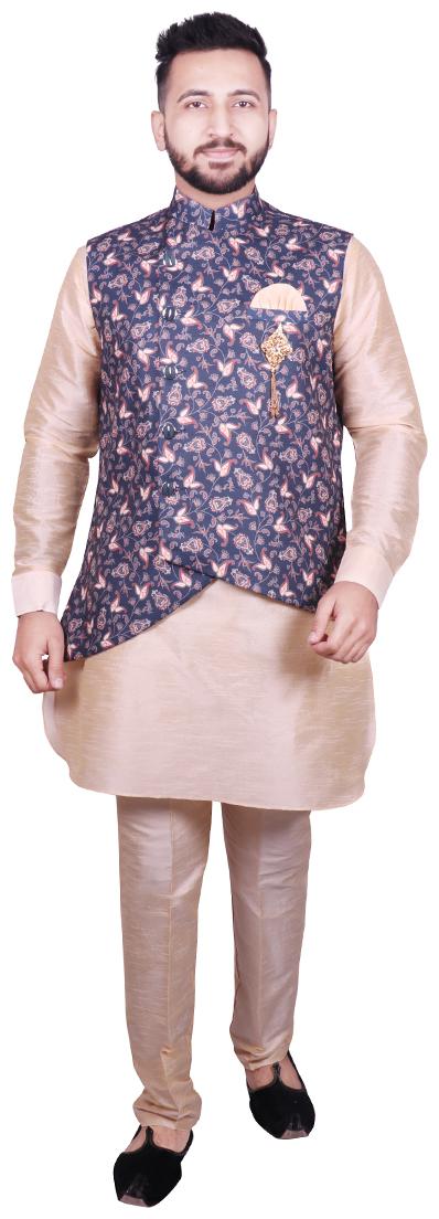

SG LEMAN Blue Floral print Kurta and Pyjamas With Nehru Jacket