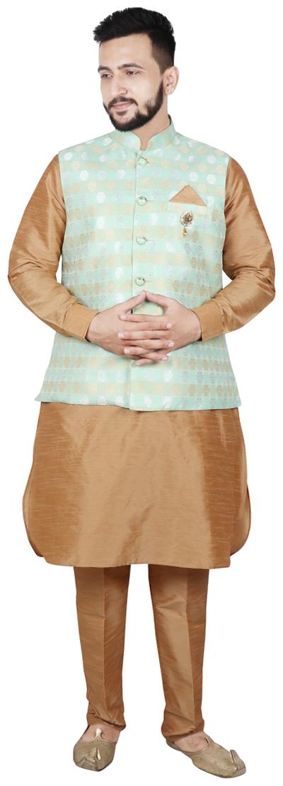 

SG LEMAN Men Dupion Pathani Kurta pent with Jacket - Green