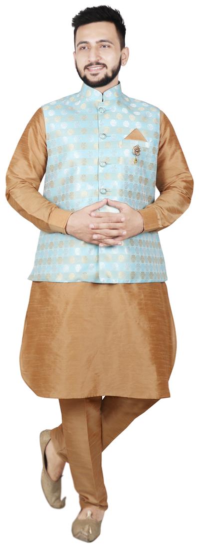 

SG LEMAN Men Dupion Pathani Kurta pent with Jacket - Blue Beige