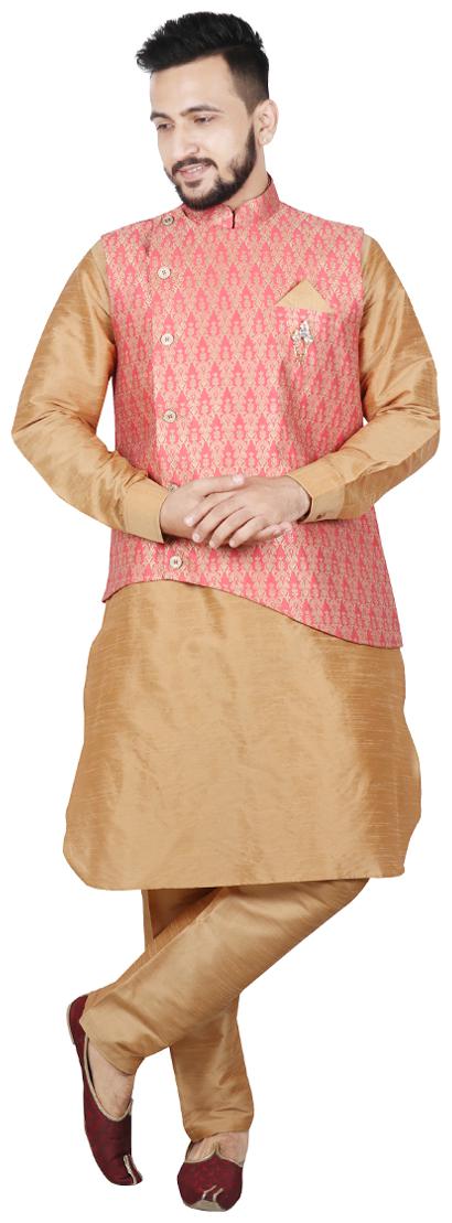 

SG LEMAN Men Dupion Pathani Kurta pyjama with Jacket - Pink Beige