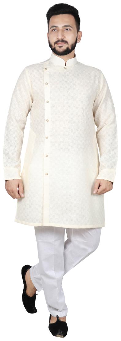 

Sg Leman Men Cotton Printed Kurta Pyjama Beige White