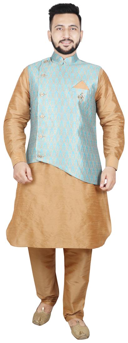 

SG LEMAN Men Dupion Pathani Kurta pyjama with Jacket - Blue Beige