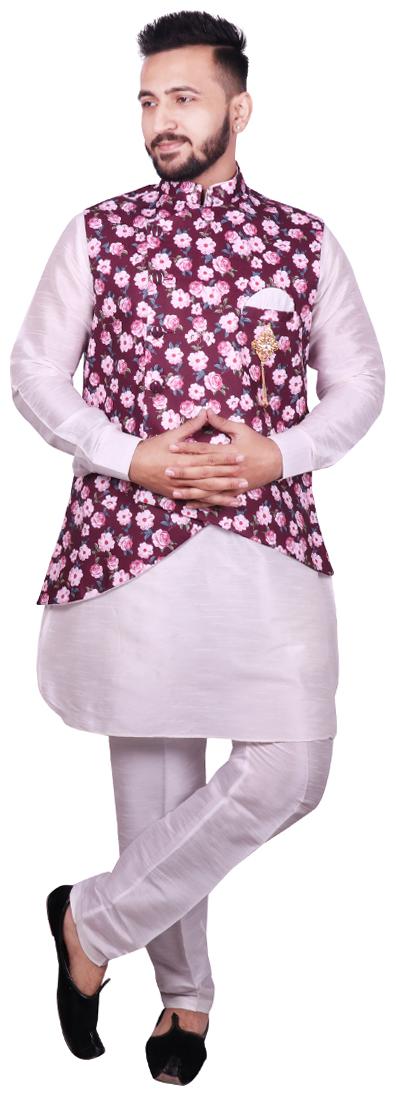 

SG LEMAN Maroon Floral print Kurta and Pyjamas With Nehru Jacket