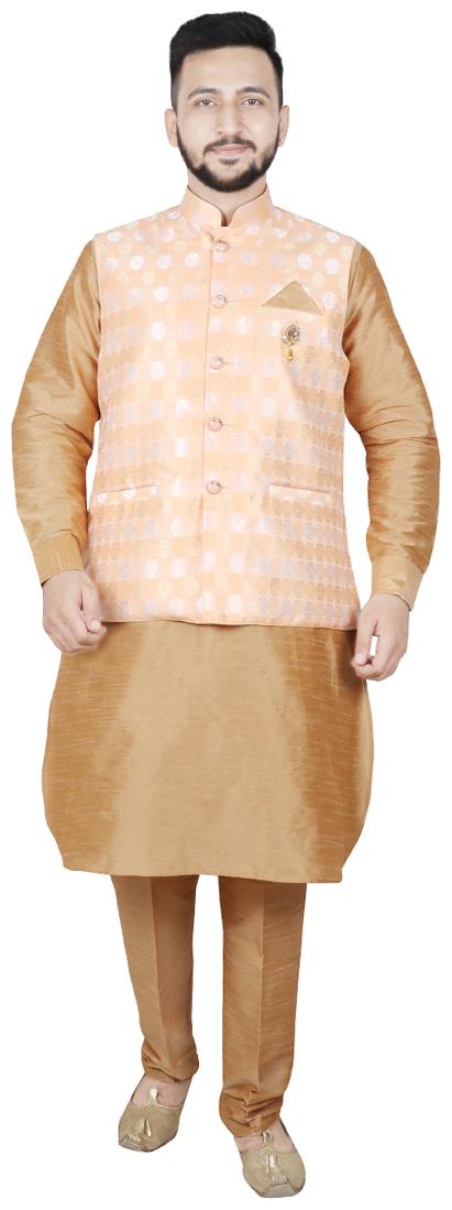 

SG LEMAN Men Dupion Pathani Kurta pent with Jacket - Orange Beige