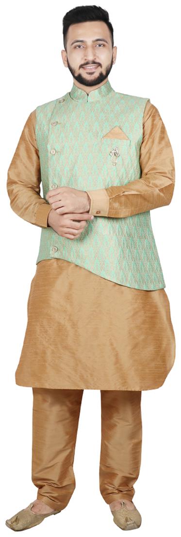 

SG LEMAN Men Dupion Pathani Kurta pyjama with Jacket - Green Beige