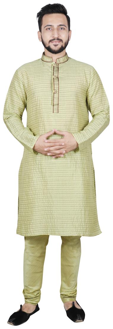 

SG LEMAN Men Dupion Striped Green Kurta Pyjama