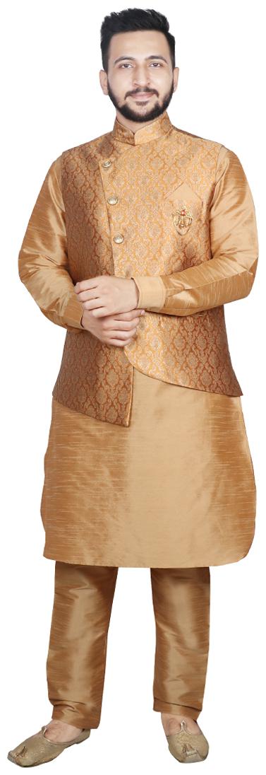 

SG LEMAN Pathani Kurta pyjama with Jacket For Men Orange Beige