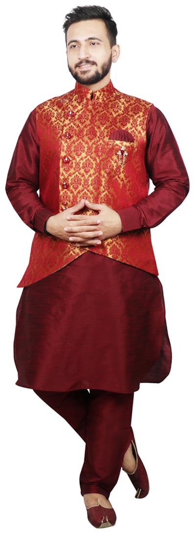 

SG LEMAN Pathani Kurta Pyjama With Jacket For Men - Maroon