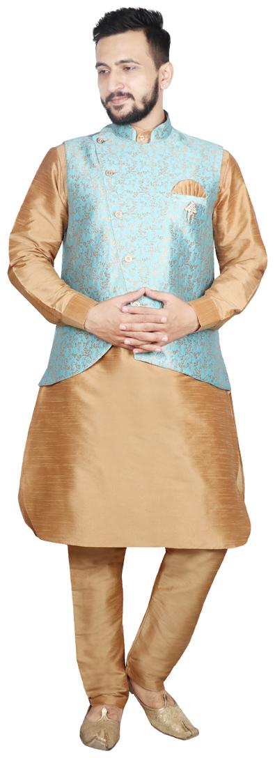

SG LEMAN Pathani Kurta pyjama with Jacket For Men Blue Beige