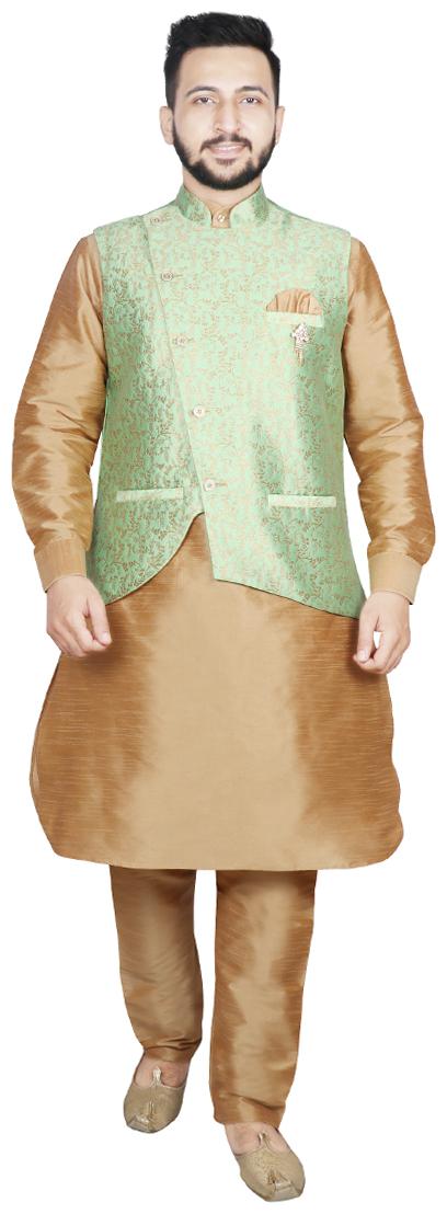 

SG LEMAN Pathani Kurta pyjama with Jacket For Men Green Beige