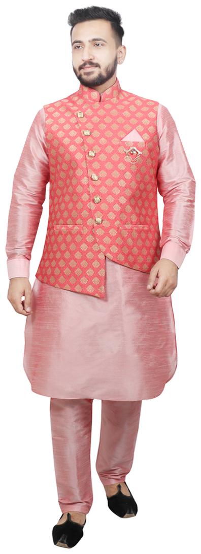 

SG LEMAN Pathani kurta pyjamas with jacket For Men - Pink