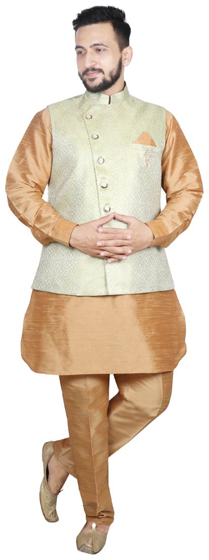 

SG LEMAN Pathani Kurta pyjama with Jacket For Men Green Beige