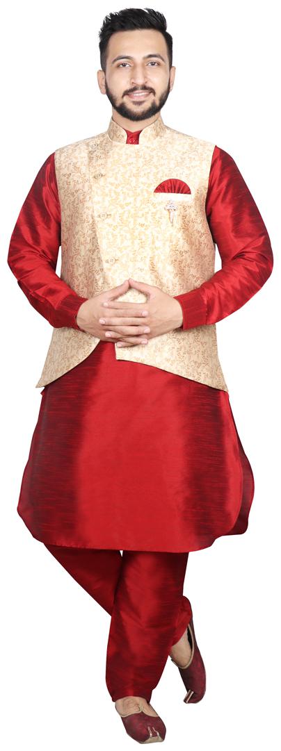 

SG LEMAN Pathani Kurta pyjama with Jacket For Men Gold Red