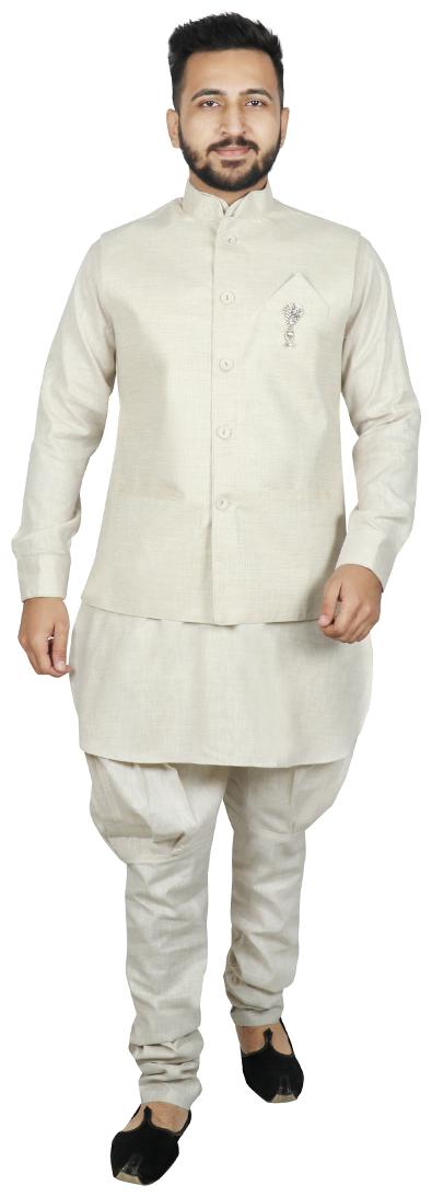 

SG LEMAN Cream Solid Kurta and Pyjamas With Nehru Jacket