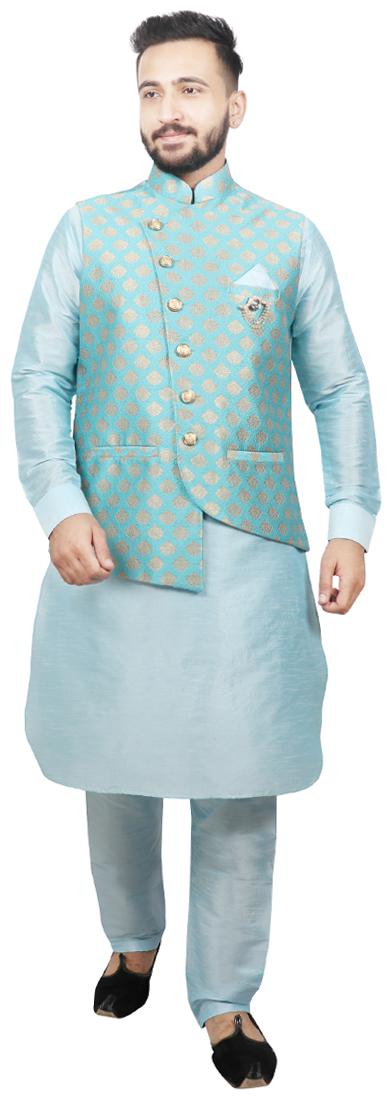 

SG LEMAN Pathani kurta pyjamas with jacket For Men - Turquoise