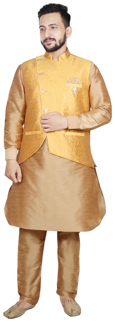 

SG LEMAN Pathani Kurta pyjama with Jacket For Men Yellow beige