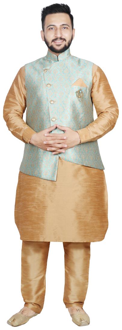 

SG LEMAN Pathani Kurta pyjama with Jacket For Men Blue Beige