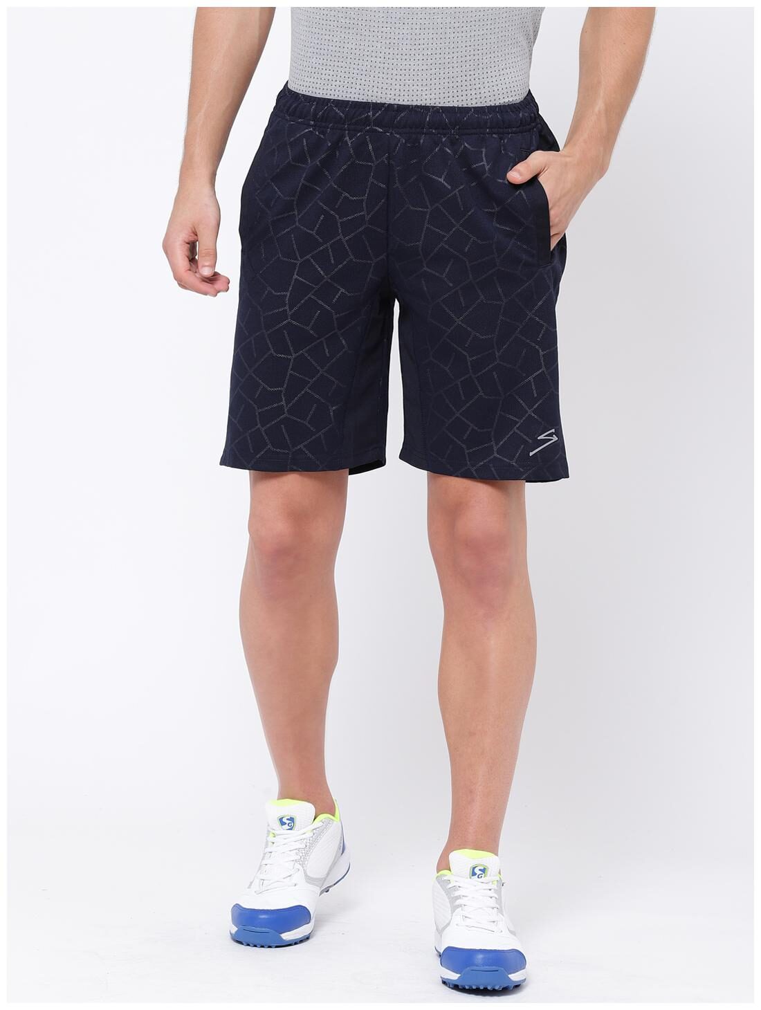 

SG Polyester Navy Blue Geometric Sports Shorts For Men