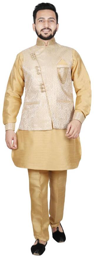 SG RAJASAHAB Pathani Kurta Pents with Jacket For Men Gold;Beige color