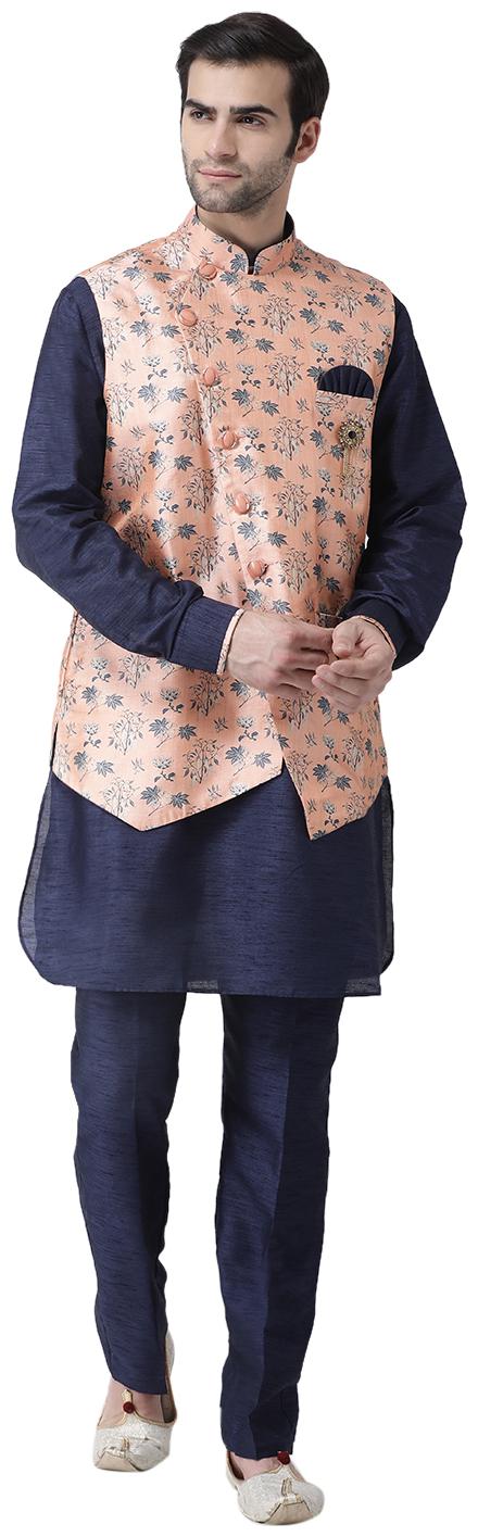 

SG RAJASAHAB Peach Floral print Kurta and Trousers With Nehru Jacket