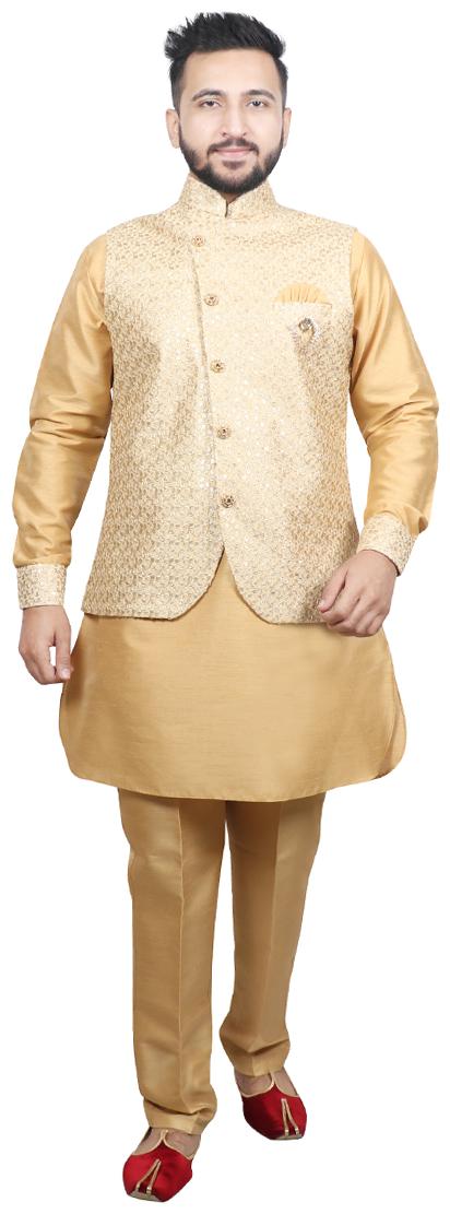 

SG RAJASAHAB Pathani kurta pants with jacket For Men Gold Color