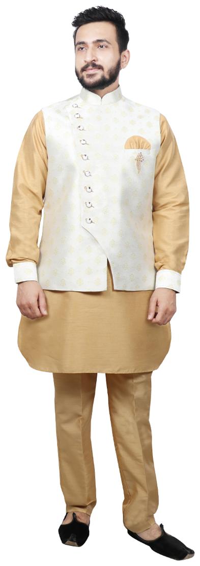 

SG RAJASAHAB Cotton Solid Kurta Pyjama With Jacket Cream