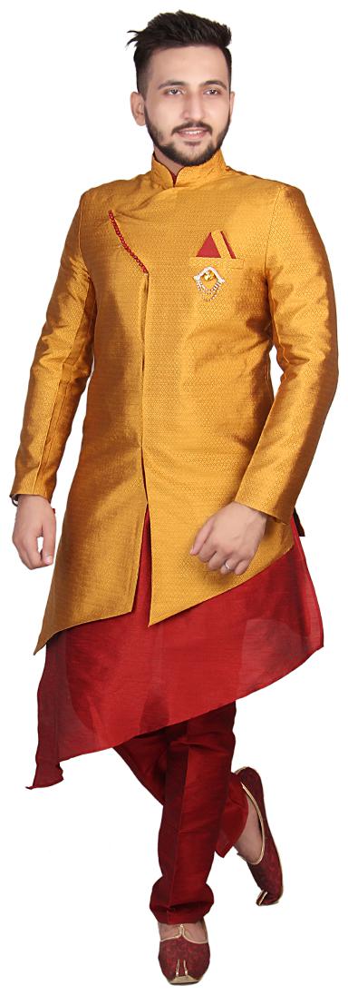 

SG RAJASAHAB Partywear Kurta Pants With Waistcoat For Men Yellow