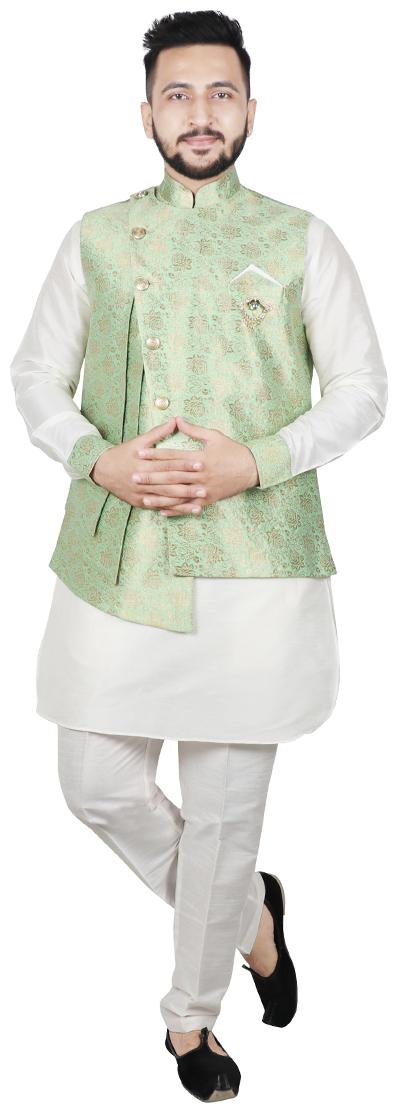

SG RAJASAHAB Men Dupion Pathani Kurta pent with Jacket - Green White