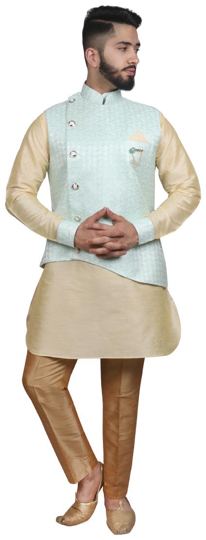 

SG RAJASAHAB Blue Beige Kurta Pyjama with Nehru Jacket